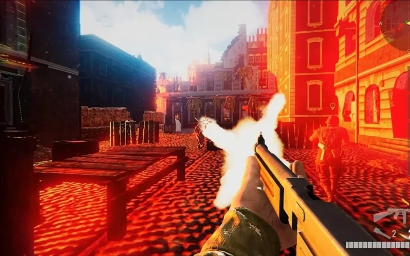 World War: D-Day 1944 Switch NSP First-person gunfire in a burning city street