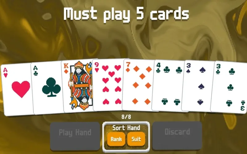 Balatro Switch NSP hand selection screen with eight playing cards, a "Must play 5 cards" message, and Sort Hand buttons for rank and suit