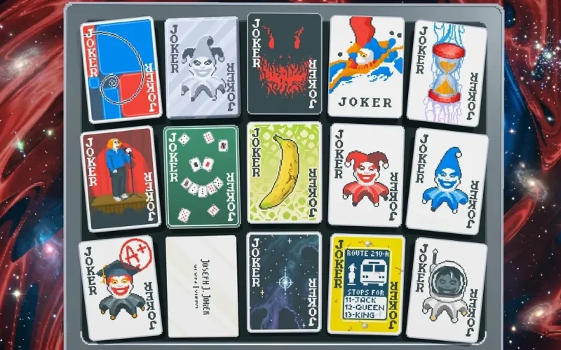 Balatro Switch NSP collection screen showing fifteen pixel-art Joker cards, including a banana Joker, an hourglass Joker, and a bus route Joker