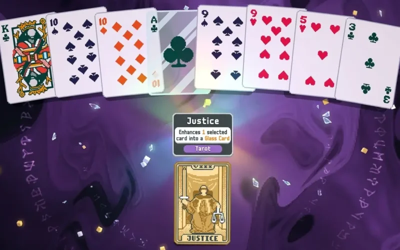 Balatro Switch NSP Justice tarot card on a purple background, enhancing a selected playing card into a Glass Card