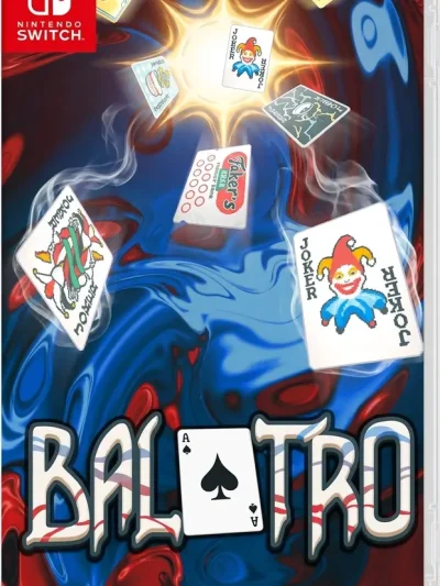 Balatro Switch NSP Switch cover art with floating Joker cards and an ace of spades over a swirling red and blue background
