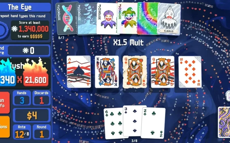 Balatro Switch NSP gameplay showing The Eye boss blind with a row of Joker cards, a played flush hand, and a high score multiplier