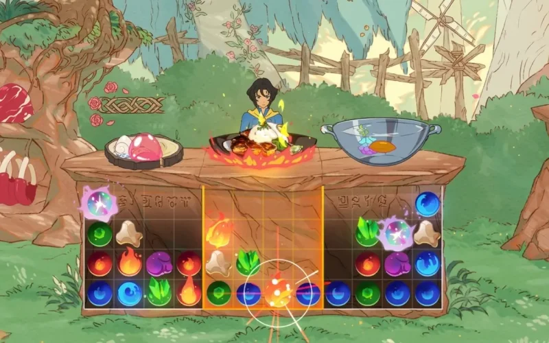 Battle Chef Brigade Deluxe Switch NSP cooking puzzle board with colorful fire, water, and leaf orbs under a chef preparing a dish at an outdoor stone counter