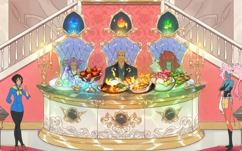 Battle Chef Brigade Deluxe Switch NSP Three judges seated at an ornate table with plated dishes while a blue-jacketed chef and a pink-haired rival stand on either side