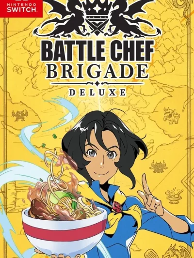 Battle Chef Brigade Deluxe Switch NSP Nintendo Switch cover art showing a smiling chef holding a steaming noodle bowl on a golden map background