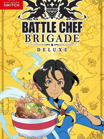 Battle Chef Brigade Deluxe Switch NSP Nintendo Switch cover art showing a smiling chef holding a steaming noodle bowl on a golden map background