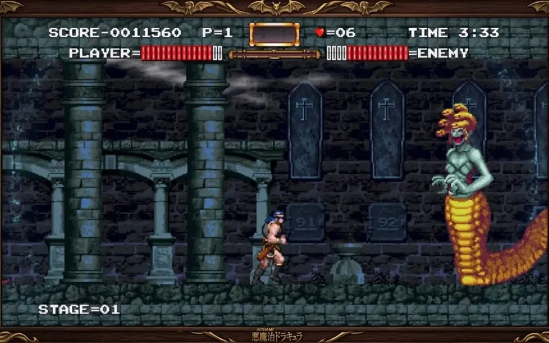 Castlevania Dominus Collection Switch NSP Retro pixel art Castlevania stage with a whip-wielding hero facing a golden-haired Medusa