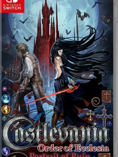 Castlevania Dominus Collection Switch NSP Nintendo Switch cover art with a gunslinger and a black-haired woman in front of a red gothic castle under a full moon
