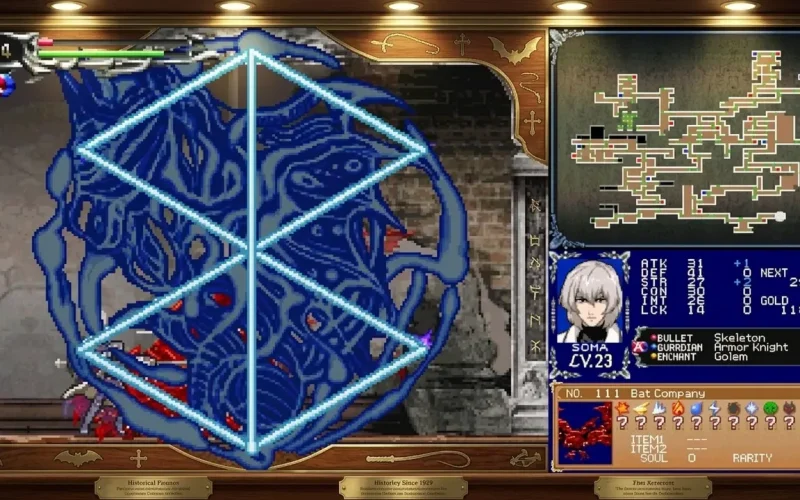 Castlevania Dominus Collection Switch NSP Soma Cruz activating a glowing blue geometric seal over a monster