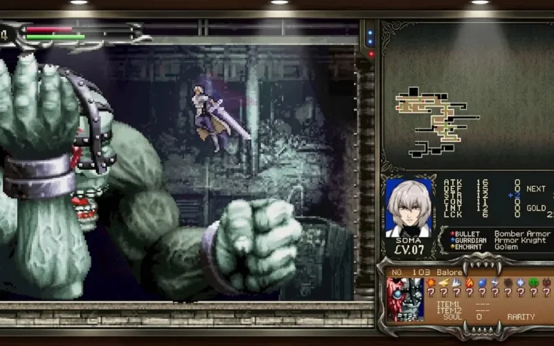Castlevania Dominus Collection Switch NSP Soma Cruz leaping with a sword toward Balore, a giant green demon with massive fists