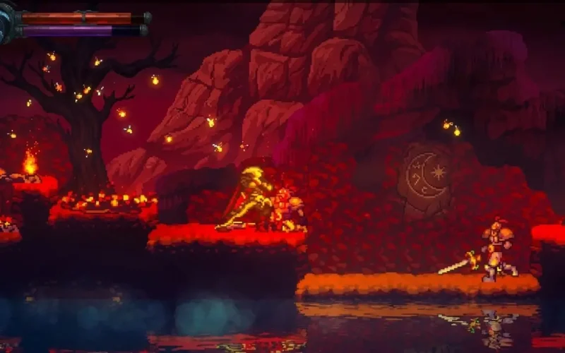 Legacy of Kain: Ascendance Switch NSP Pixel art armored knight clashing with a sword-wielding enemy on floating lava platforms