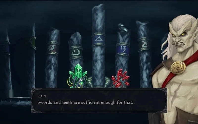 Legacy of Kain: Ascendance Switch NSP Close-up of the character Kain speaking in front of glowing rune pillars and crystals