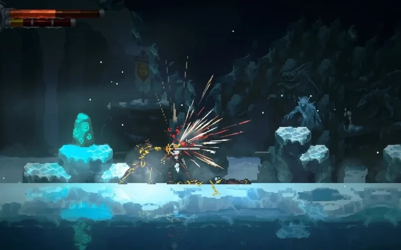 Legacy of Kain: Ascendance Switch NSP Pixel art sword clash with spark effects between two fighters in an icy blue cavern