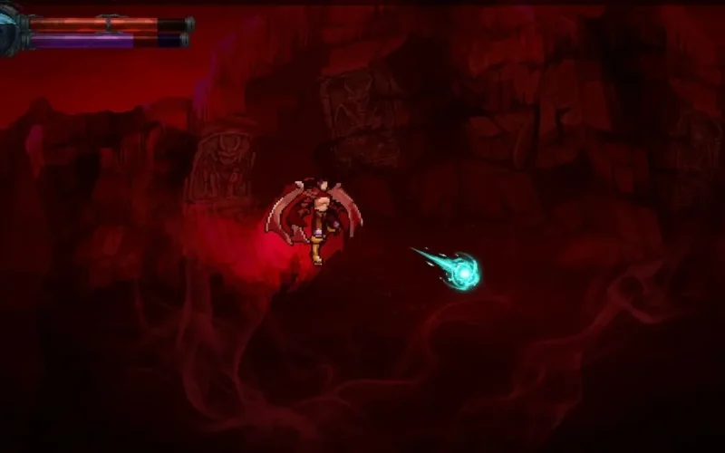 Legacy of Kain: Ascendance Switch NSP Red-winged vampire character floating above dark terrain while dodging a glowing blue projectile