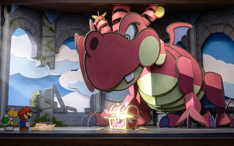 Paper Mario: The Thousand-Year Door Switch NSP Paper Mario and a Koopa standing before a giant red paper-craft dragon beside a glowing treasure chest