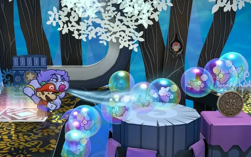 Paper Mario: The Thousand-Year Door Switch NSP Paper Mario with a purple partner blowing wind at bubble-trapped creatures near an ancient coin in a dark blue forest