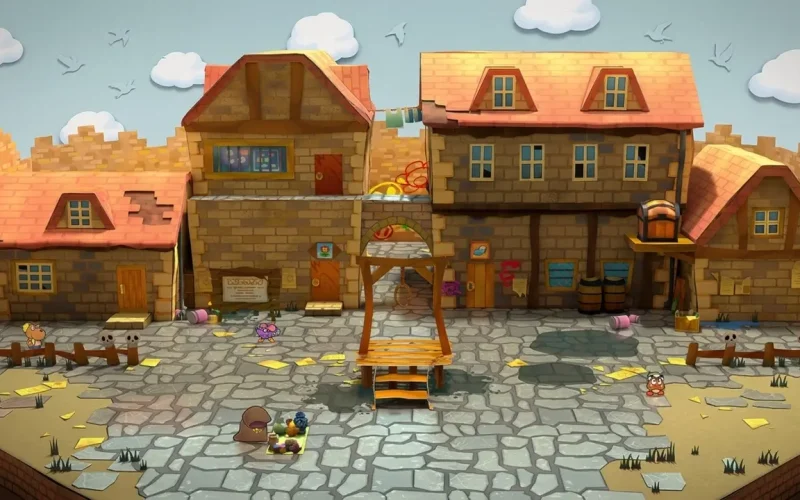 Paper Mario: The Thousand-Year Door Switch NSP Paper-craft town square with stone buildings, orange roofs, skull-topped fences, and a wooden gallows in Rogueport