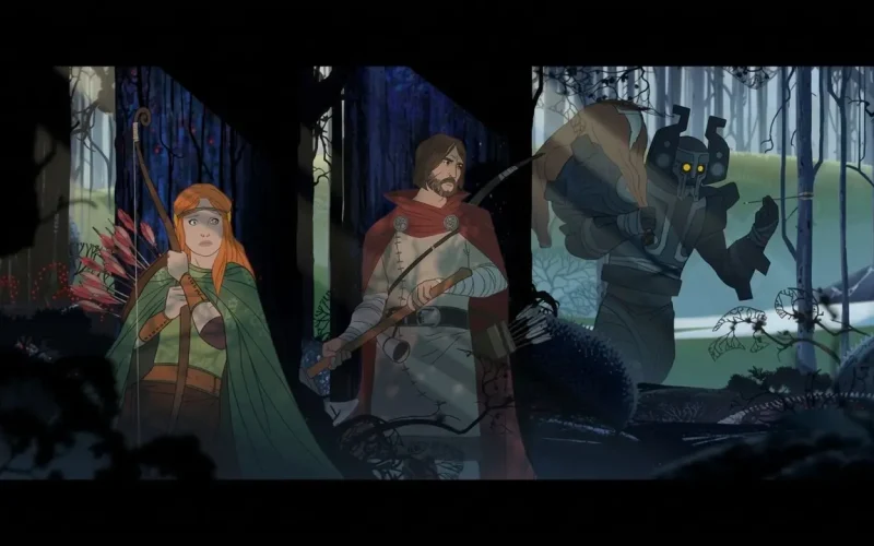 The Banner Saga Trilogy Switch NSP A red-haired archer and a bearded axe-wielding warrior facing a large armored enemy with glowing yellow eyes