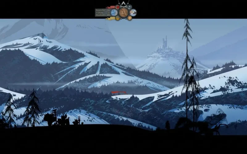 The Banner Saga Trilogy Switch NSP Silhouetted Viking caravan traveling through snow-covered mountains toward a distant city