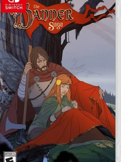 The Banner Saga Trilogy Switch NSP Nintendo Switch cover art showing a bearded warrior with an axe resting beside a red-haired woman under a red banner