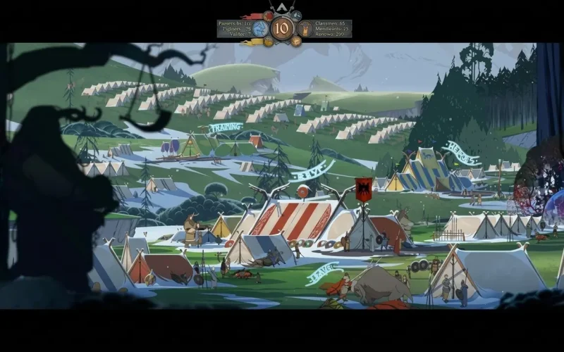 The Banner Saga Trilogy Switch NSP camp screen showing rows of Viking tents, a red banner, and clan resource counts on a green hillside