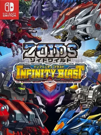 Zoids Wild: Infinity Blast Switch NSP Nintendo Switch cover art featuring a collage of red, blue, and white mechanical Zoids around the game logo