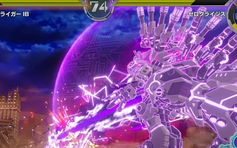Zoids Wild: Infinity Blast Switch NSP Giant purple mechanical Zoid with rows of cannons clashing in a burst of energy against a glowing circuit-patterned barrier